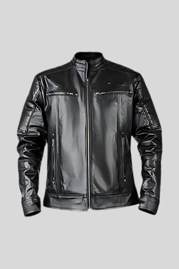 Black Leather Biker Jacket for Men – Quilted Shoulder Style F
