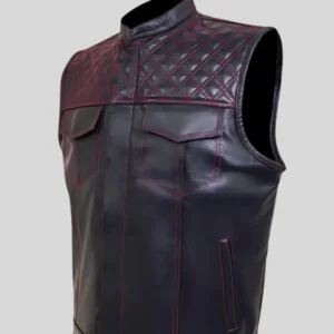 Black Leather Vest Men's With Red Stiching