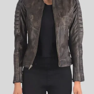 Distressed Maven Quilted Brown Leather Jacket for Women