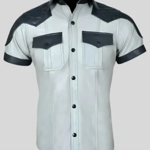 Grey Leather Shirt With Shoulders And Collar Quilted Design