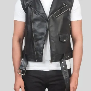 Men’s Black Leather Biker Vest – Classic Motorcycle Style