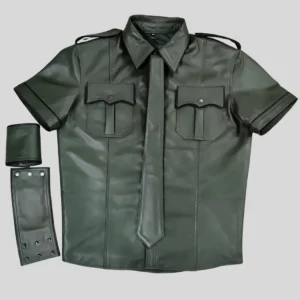 Men’s Black Leather Shirt with Arm Bands – Stylish Modern Look