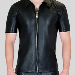 Men’s Black Leather Shirt with Full Zip Closure – Modern Stylish Outfit