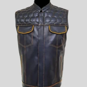 Black Quilted Style Leather Vest With Yellow Stitching