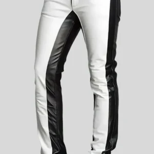 Men’s Black and White Leather Pants – Stylish Two-Tone Design