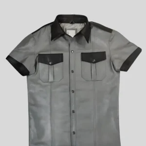 Men’s Dark Grey Leather Shirt with Black Collar – Modern Stylish Outfit