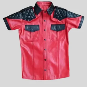 Men’s Red Leather Shirt with Quilted Shoulder Design – Bold Stylish Look