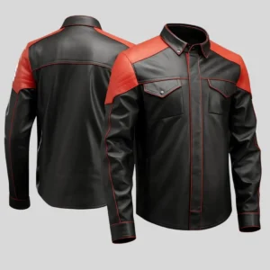 Men’s Red Padded Leather Shirt Jacket – Stylish Front Design