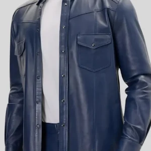 Navy Blue Leather Shirt For Men In Biker Style