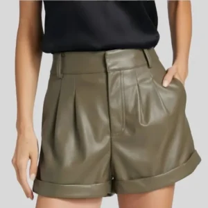 Olive Green Genuine Leather Shorts for Women – Trendy & Sleek Fit