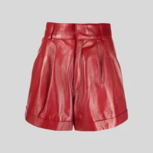 Women’s Red Genuine Leather Shorts with Belted Waist